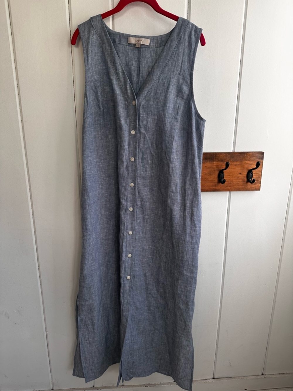 LOFT Linen Button-Front Vest Dress in Chambray Blue